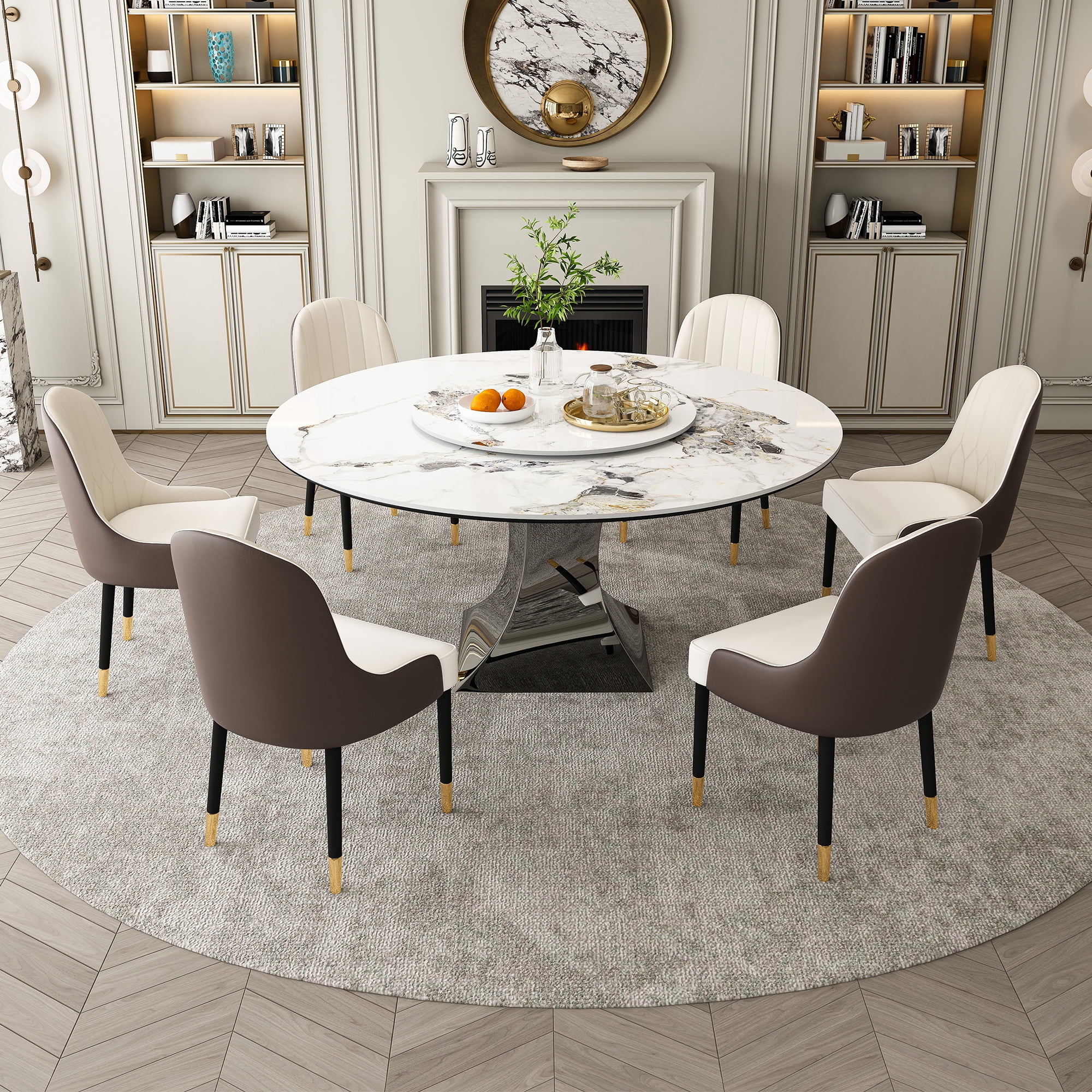 Montary 7 Piece Modern Dining Table Set of 6, Round 59" D Faux Marble ...