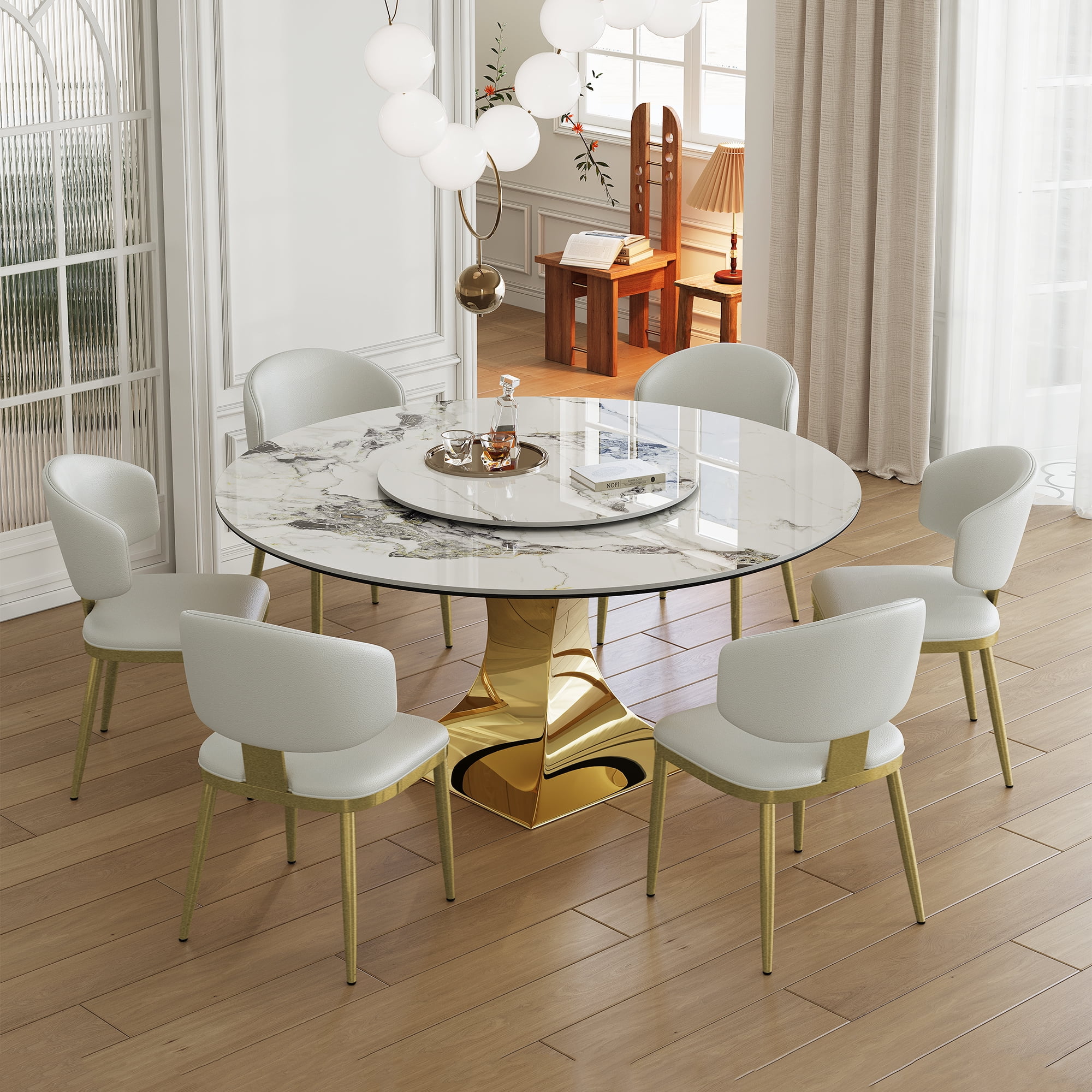 Montary 7 Piece Modern Dining Table Set of 6, Round 59\, image size:2000x2000