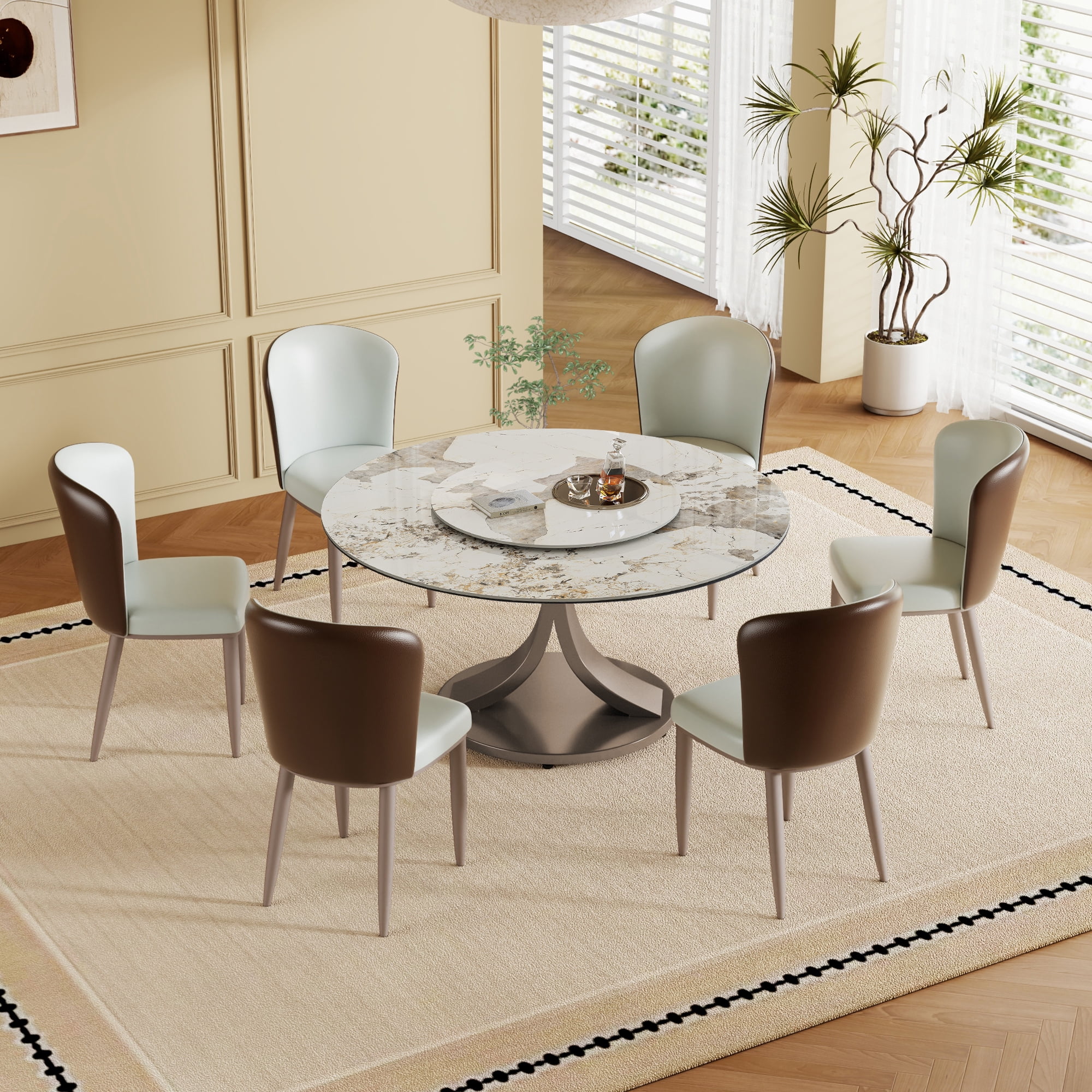 Montary 7 Piece Modern Dining Table Set of 6, Round 59" D Faux Marble ...
