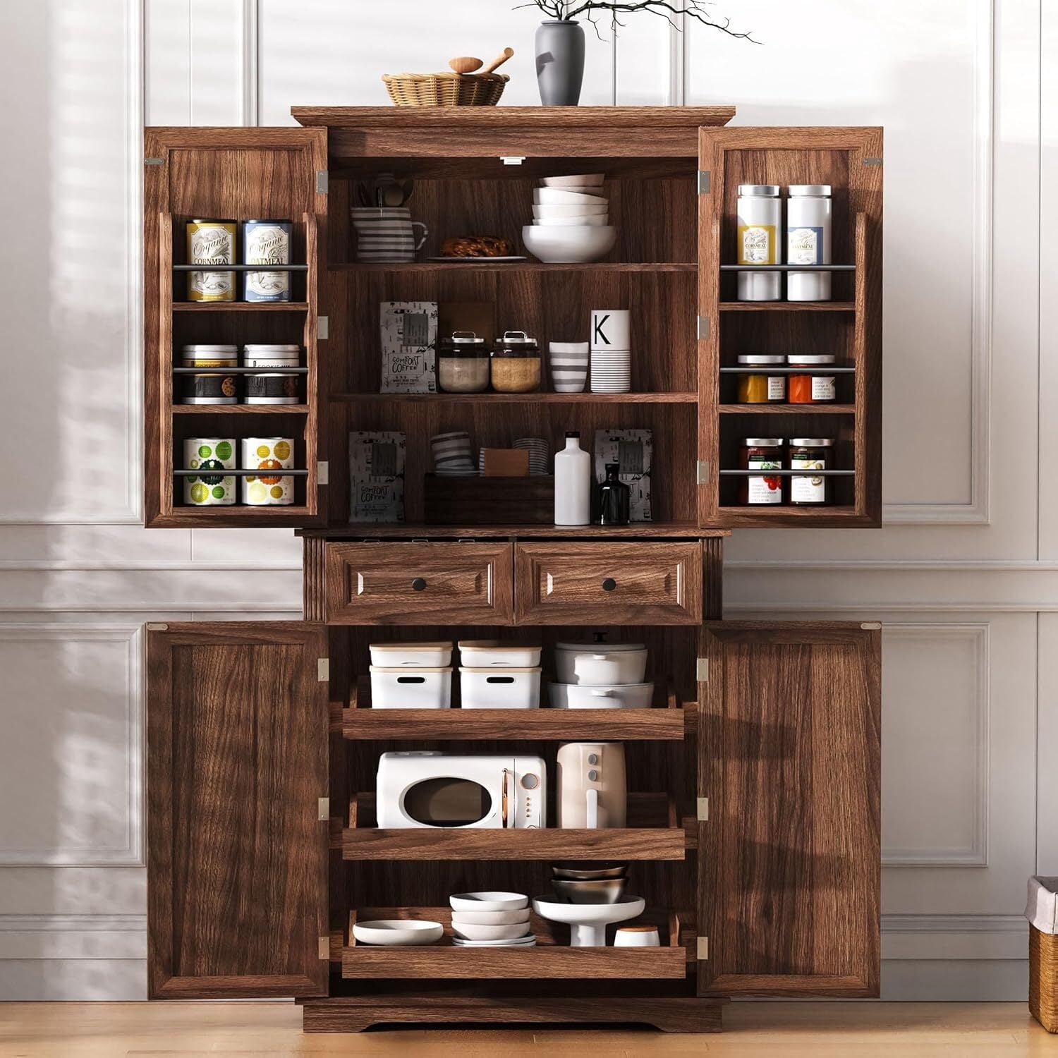 Montary 71.2" Brown Farmhouse Pantry Cabinet w/ Drawers, 3 Pull-Out