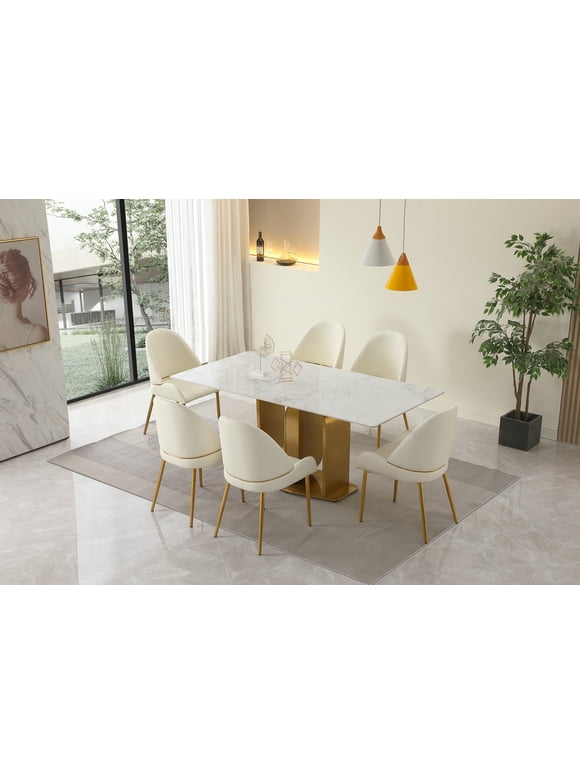 Montary 71" Contemporary Dining Table in Gold with Sintered Stone Top and U shape Pedestal Base in Gold Finish with 6 pcs Chairs