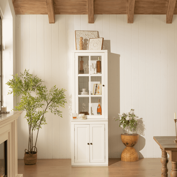 Montary White 75.25" China Hutch Cabinet with Tempered Glass Doors & Adjustable Shelves - Display Storage for Dining Room, Kitchen, Living Room