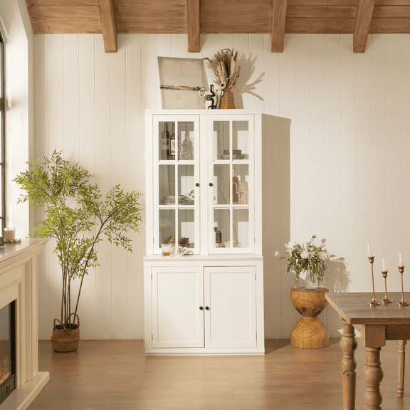 Montary 75.25" Traditional China Hutch with Double Glass Doors - White Display Cabinet for Living Room, Kitchen, Hallway