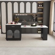 Montary 80 Expandable Kitchen Island with Extendable Table - Solid Wood Grain Countertop with Power Outlet & USB Ports, Mobile Cart with Double-Side Storage, Cabinet & Drawers Black