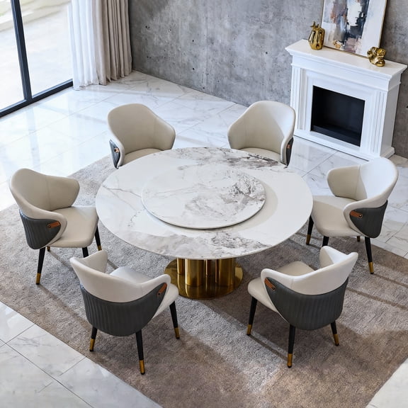 Montary 9 Piece Dining Table Set, Modern Dining Table Set of 6, Round 59" D Faux Marble Dining Table with Lazy Susan, Sintered Stone and Metal Dining Table with 8 Beige Chairs, for Dining Room