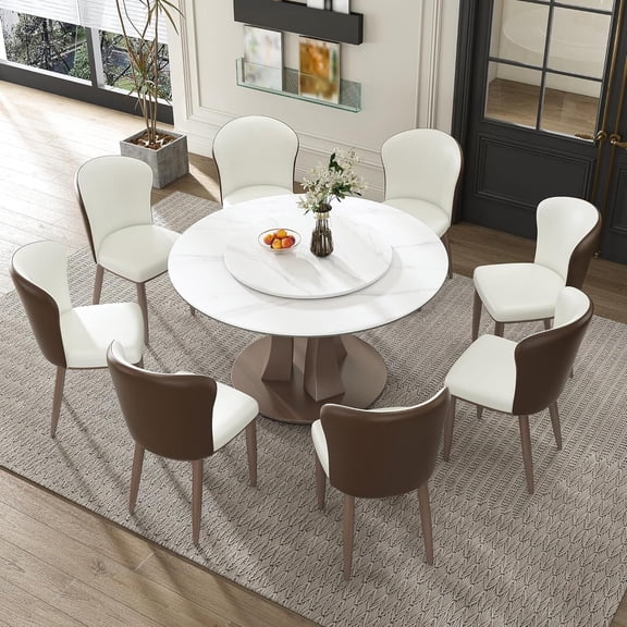 Montary 9 Piece Modern Dining Table Set of 8, Round 53" D Faux Marble Dining Table with Lazy Susan, Sintered Stone Top and Stainless Steel Tree Branch Base Dining Room Table with 8 Dining Chairs