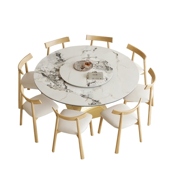 Montary 9 Piece Modern Dining Table Set of 8, Round 59" D Faux Marble Dining Table with Lazy Susan, Sintered Stone Top and Gold Stainless Steel Base Dining Room Table with 8 Dining Chairs