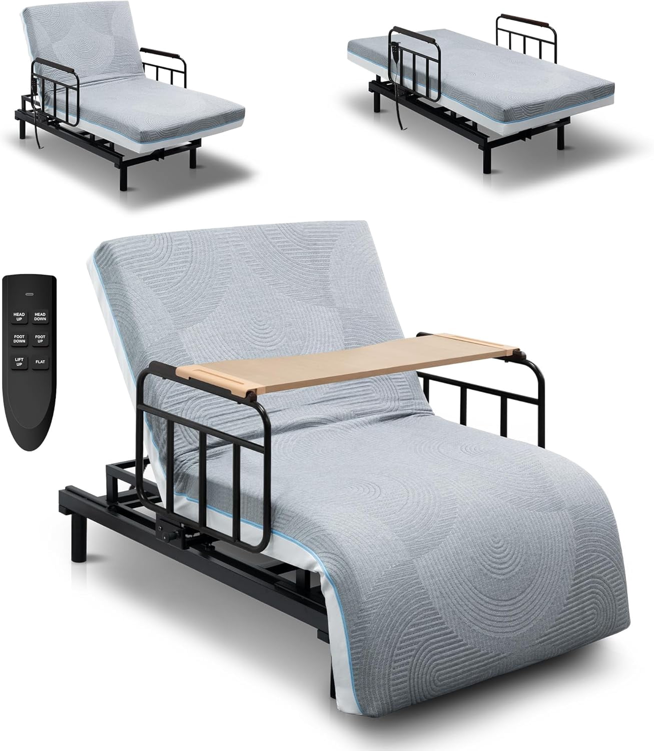 Montary Adjustable Electric Lift Bed for Seniors-Wired Remote Control,Fall-Safe Rails & Detachable Meal Tray, Safe Standing/Sitting/Lying Aid