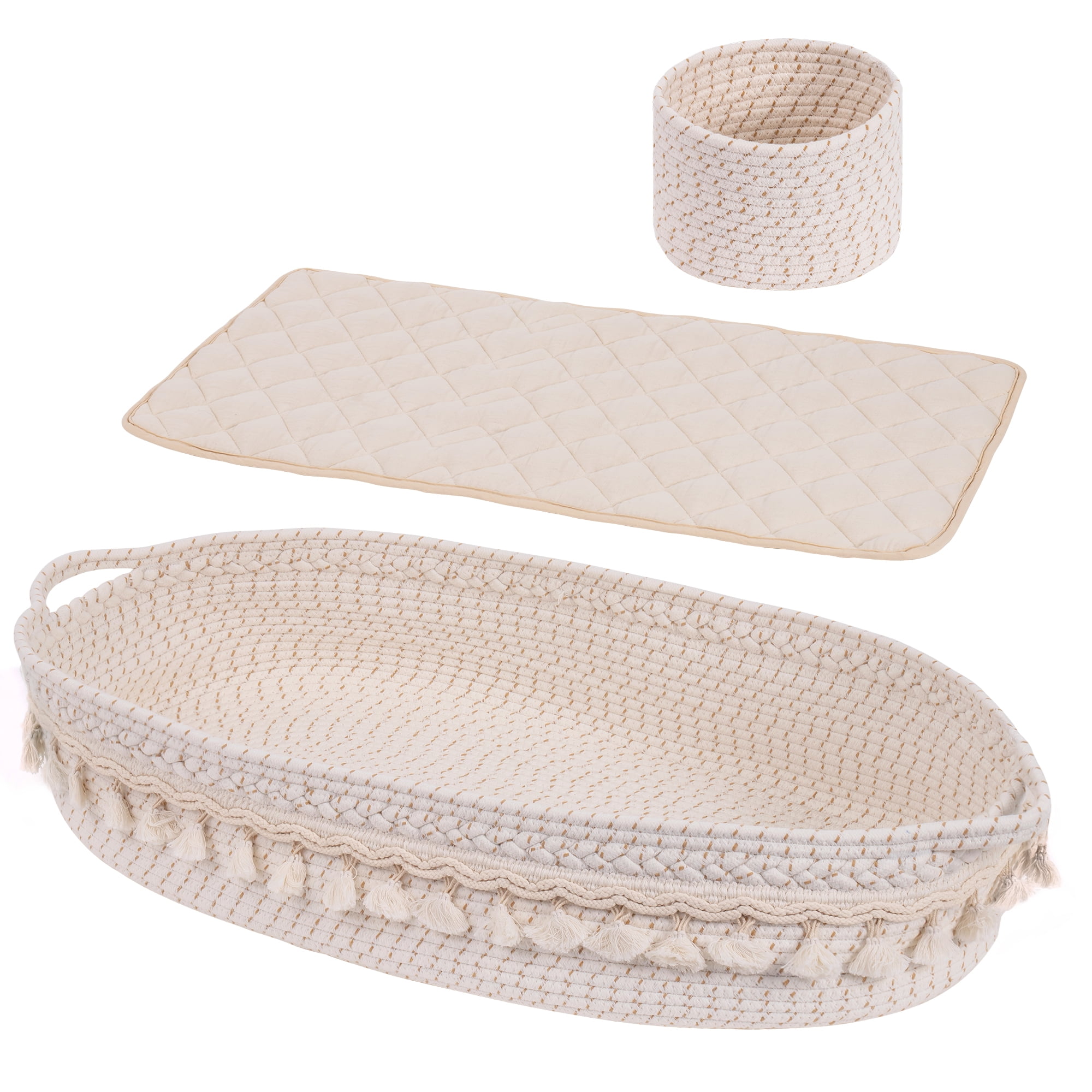 Montary Baby Changing Basket, Handmade Woven Cotton Rope Moses Basket