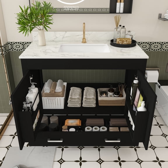 Montary Bathroom Vanity Set, 43" Arabescato Sintered Stone Vanity Top, Modern Cabinet with Doors and Drawer,Black(Single Faucet Hole)