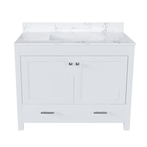 Montary Bathroom Vanity Set 43" with Carrara Marble Top, Modern Cabinet with Doors and Drawer(Single Faucet Hole)