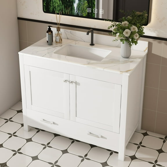 Montary Bathroom Vanity Set 43" with Karalakin Artificial Marble Top, Modern Cabinet with Doors and Drawer, Single Faucet Hole