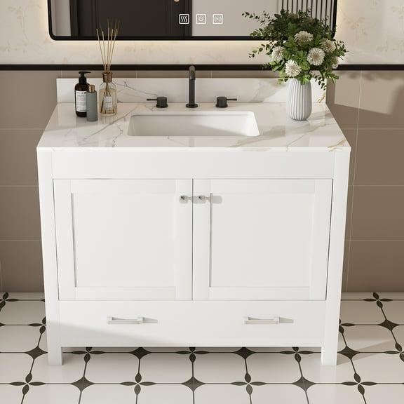 Montary Bathroom Vanity Set 43" with Karalakin Artificial Marble Top, Modern Cabinet with Doors and Drawer, Three Faucet Hole