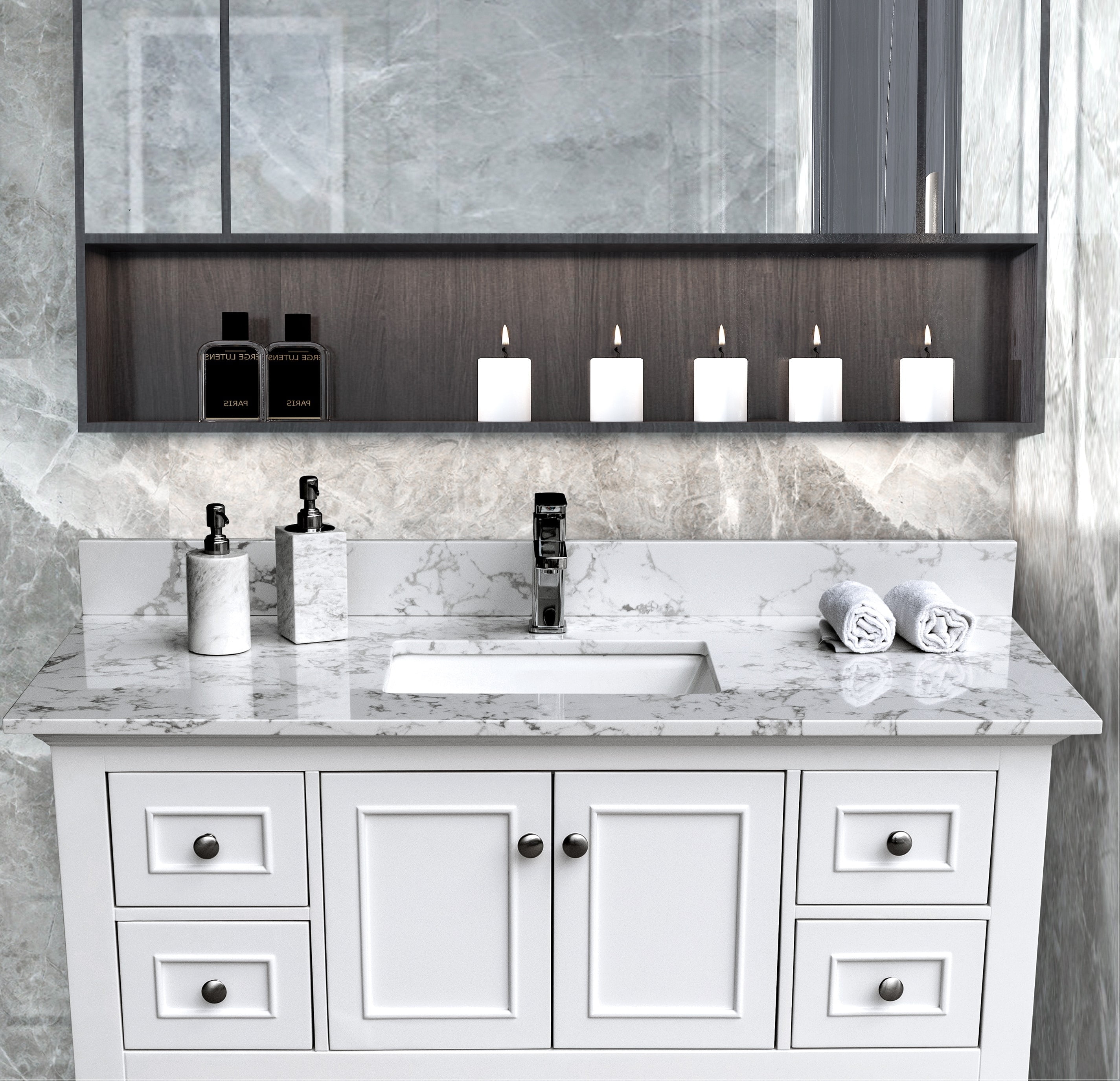 Montary Company 43 inch Engineered White Marble Stone Vanity Top with  Ceramic Sink 1 Faucet Hole ( ONLY VANITY TOP), image size:2849x2749
