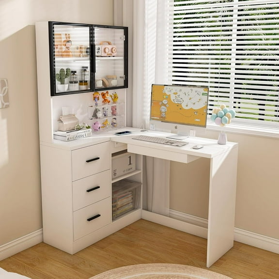 Montary Corner L-Shaped Computer Desk with Glass Display Cabinets & Built-in LED Lights - Office Desk with USB Charging Ports, Keyboard Tray,Compact and Functional Design,White