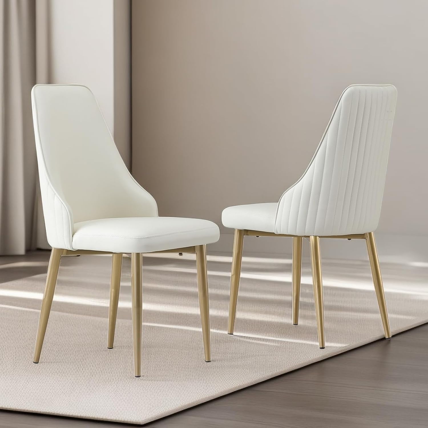Montary Contemporary Dining Chairs Set of 2 - White PU Leather w/Gold Legs, Ergonomic Back Support for Kitchen & Dining Room (Stripes)