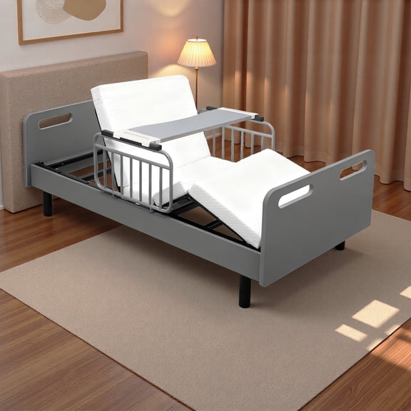 Legendstone Electric Adjustable Home Bed, Wired Remote, Memory Foam Foldable Mattress, Safety Side Rails & Detachable Overbed Table