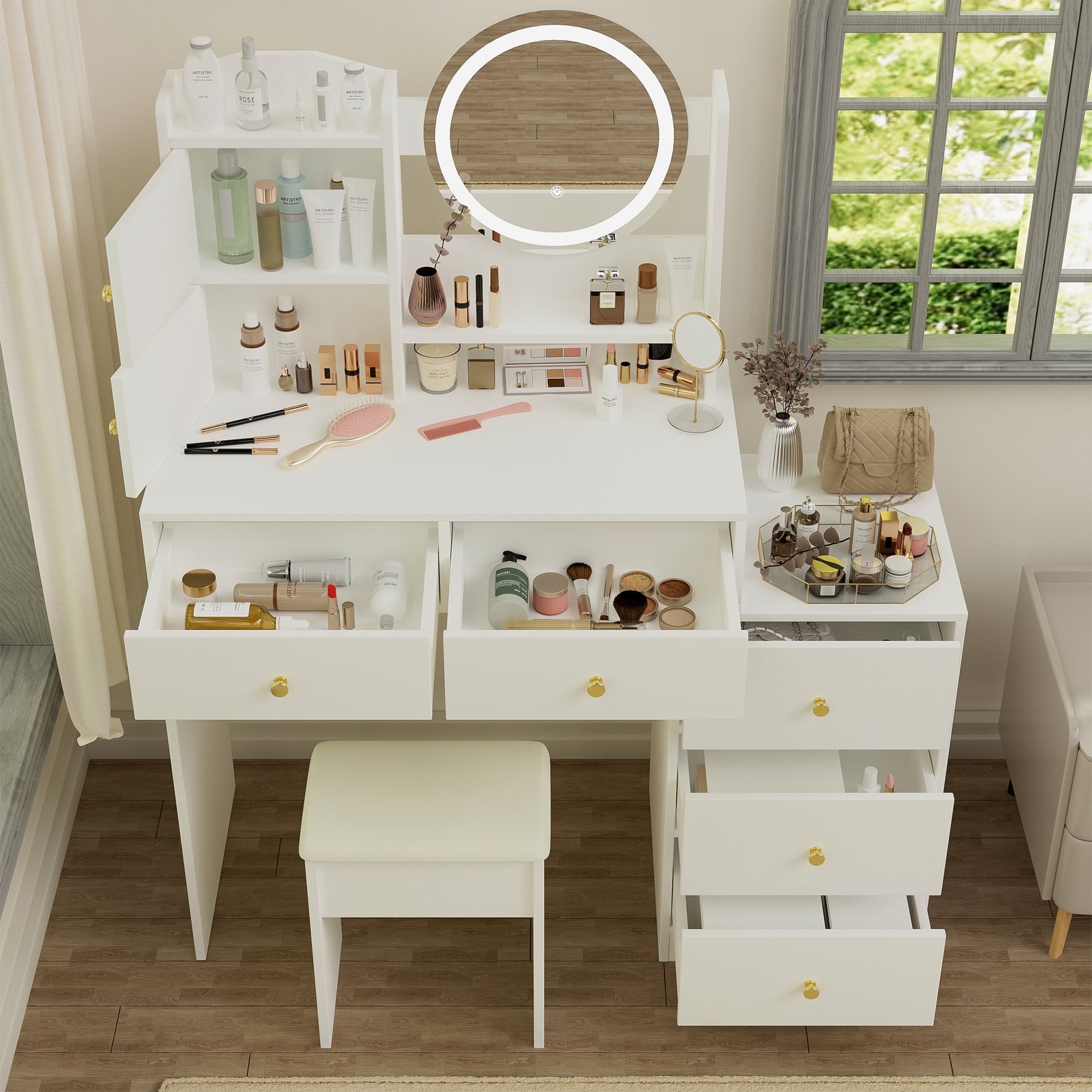 Montary Teen/Adult Vanity Desk Set w/LED Mirror & Cushioned Stool - 3-Level  Adjustable Lighting, Makeup Dressing Table (White) - Walmart.com