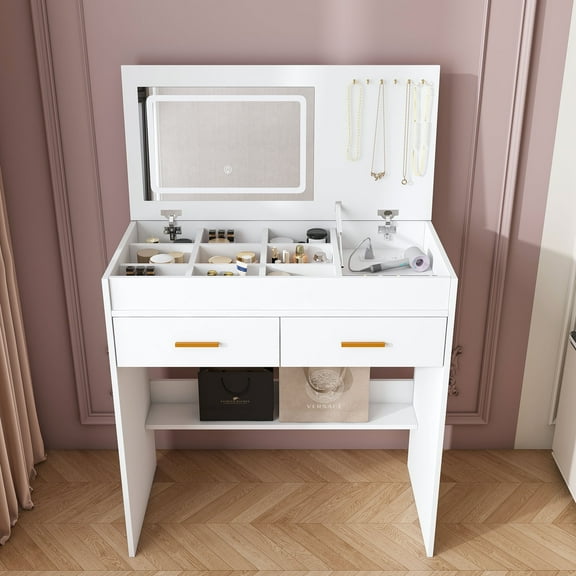 Montary Flip Top Vanity Desk White with LED Mirror, Built-in Outlet, 2 Drawers, Storage & Hooks (No Stool Included, White)