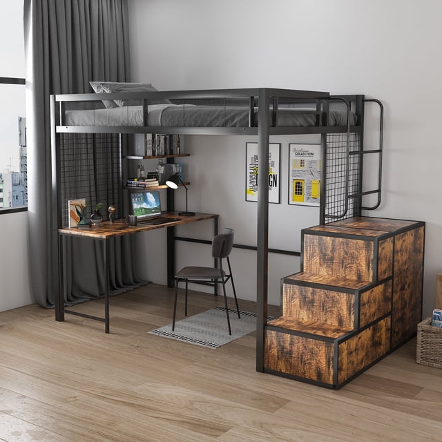 Montary Full Loft Bed w/Desk & 4 Hidden Drawers, Heavy Metal Frame ...