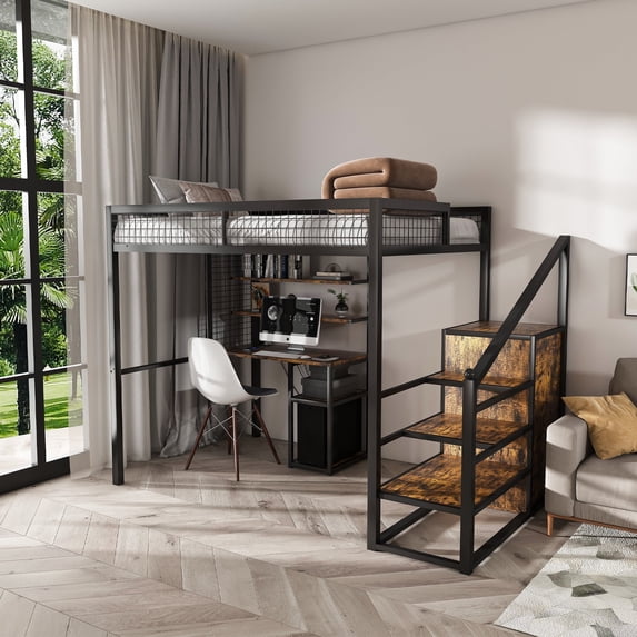 Montary Gaming Loft Bed for Adults/Teens w/Desk & Wardrobe, Sturdy Metal Frame, Built-In Stairs, Storage, USB/Outlet Computer Desk (Black)