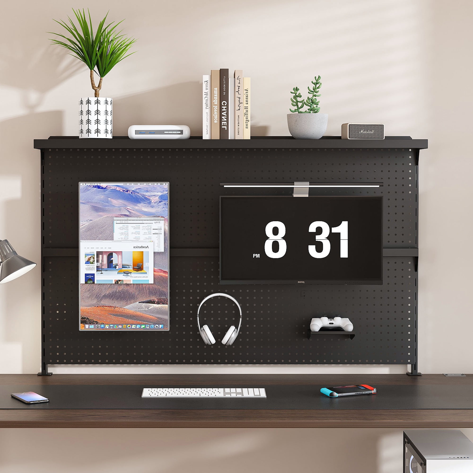 Montary Gaming & Office Desk Organizer with Dual Monitor Stand, 59x35" Metal Pegboard Privacy Panel, Black