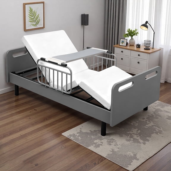 Montary Home Electric Bed with Wired Remote Control, Memory Foam Mattress & Safety Side Rails & Detachable Overbed Table for Elderly Care