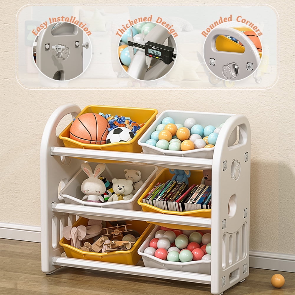 Montary Kids Toy Storage with 6 Bins, Multi-functional Nursery Kids Furniture Set Toy Storage Cabinet Unit with HDPE Shelf and Bins for Playroom, Bedroom, Living Room (Yellow White Color)