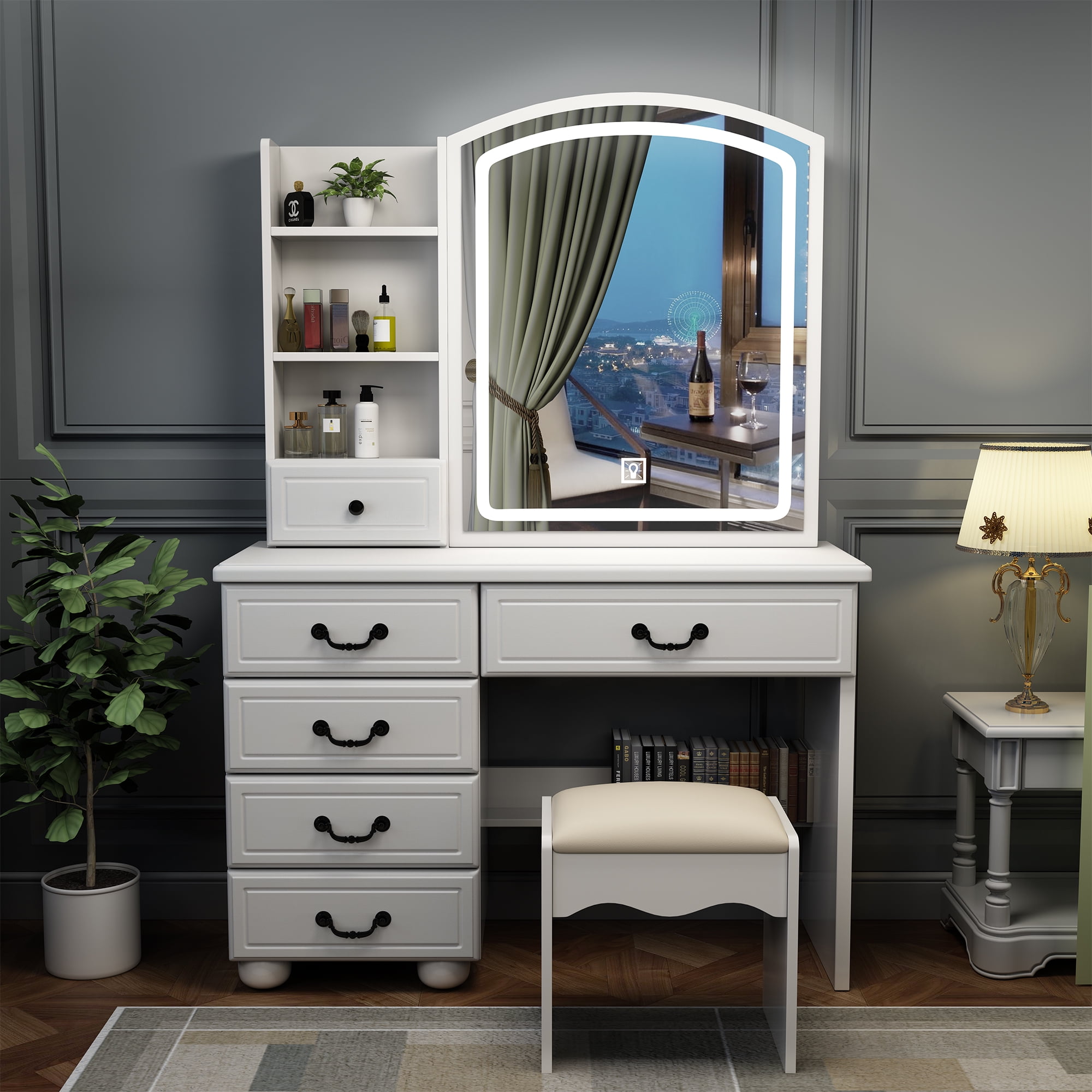 Montary White Makeup Vanity Desk & Mirror with Lights, Storage with 6