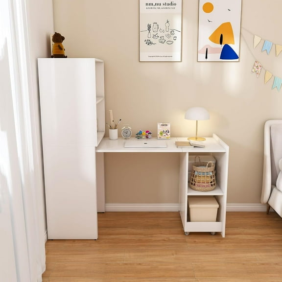 Montary Mobile L-Shaped Desk with Shelves & Wheels, Foldable & Expandable Office Desk for Small Spaces (White)