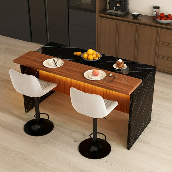 Montary Modern Kitchen Island Set with 63in Table & 2 Stools, Marble Countertop LED Lights Metal Grille, Black & Gray