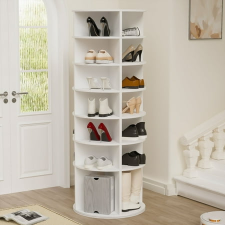 Montary Company 7-Tier Rotating Shoe Rack Tower, 360° Revolving Organizer, High Bottom Design, Fits 28 Pairs, White
