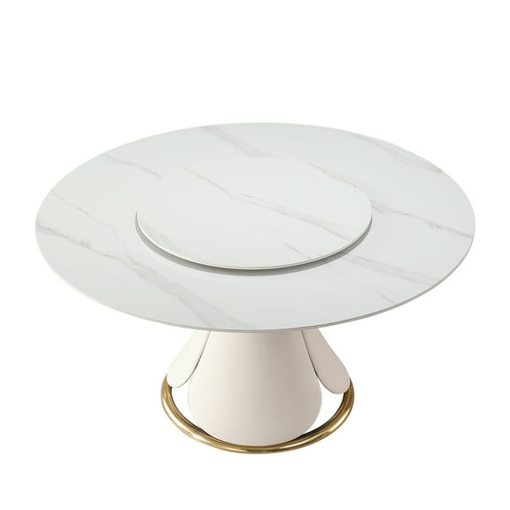 Montary Round Dining Table,Modern Turntable Marble Dining Table with Lazy Susan,Sintered Stone Tabletop Dining Room Table for 8,White Lotus Terrace Pedestal