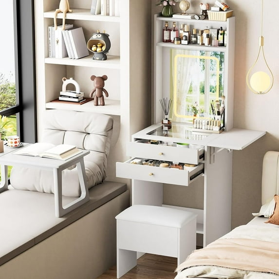 Montary MDF Vanity Desk w/ Foldable LED Mirror - 2 Drawers & Stool for Teens/Adults, Bedroom (White, 18"W)