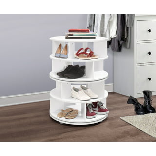 Wooden Rotating Shoe Rack Tower, 4 Tier Revolving Shoe Storage with 4 Wheels, 360 Spinning Wood Round Shoe Rack for 16 Pairs Shoes,Grey, Shoe RackA001