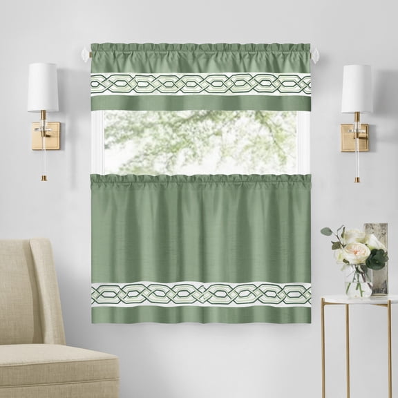 Montauk Accents Malibu Complete 3 Piece Rod Pocket Embroidered Tier & Valance Kitchen Curtain Set - 24 in. Long, Green