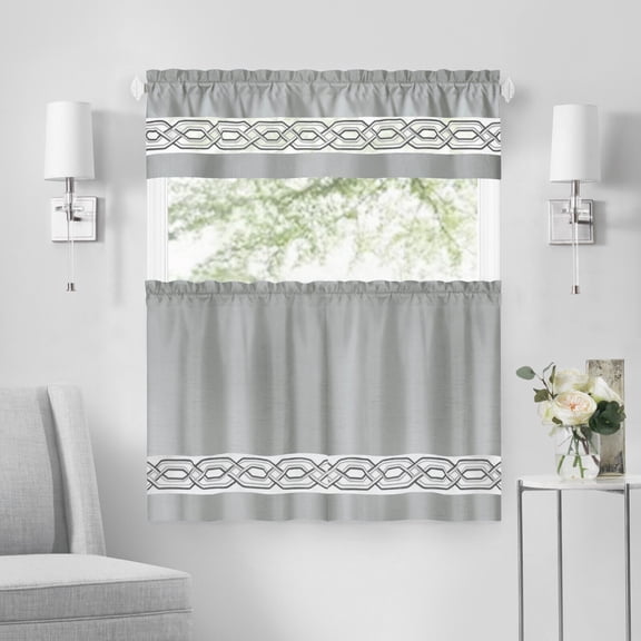 Montauk Accents Malibu Complete 3 Piece Rod Pocket Embroidered Tier & Valance Kitchen Curtain Set - 24 in. Long, Silver