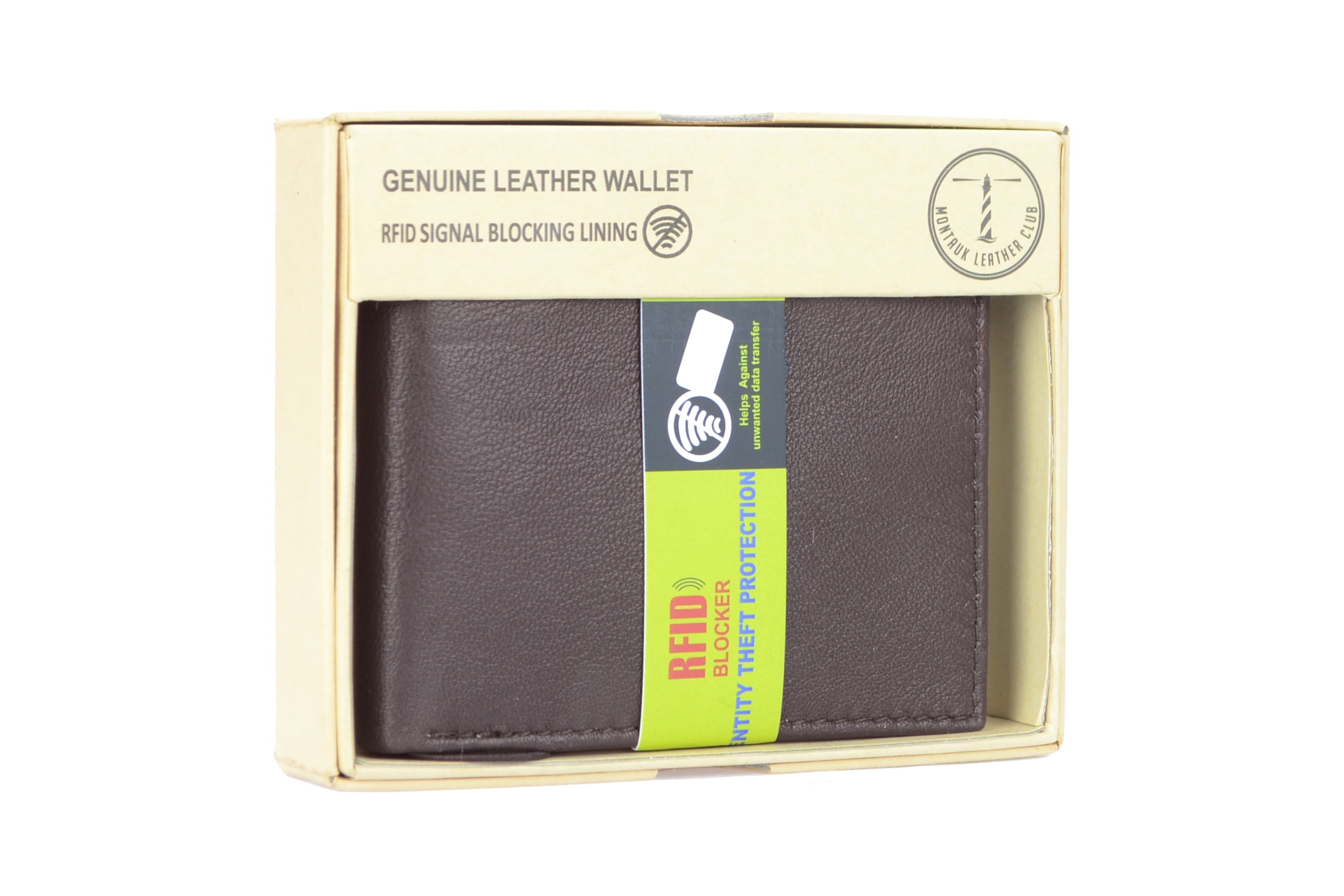 Montauk Leather Club Men's RFID Signal Blocking Genuine Leather Center Wing Bi-Fold Wallet with Gift Box
