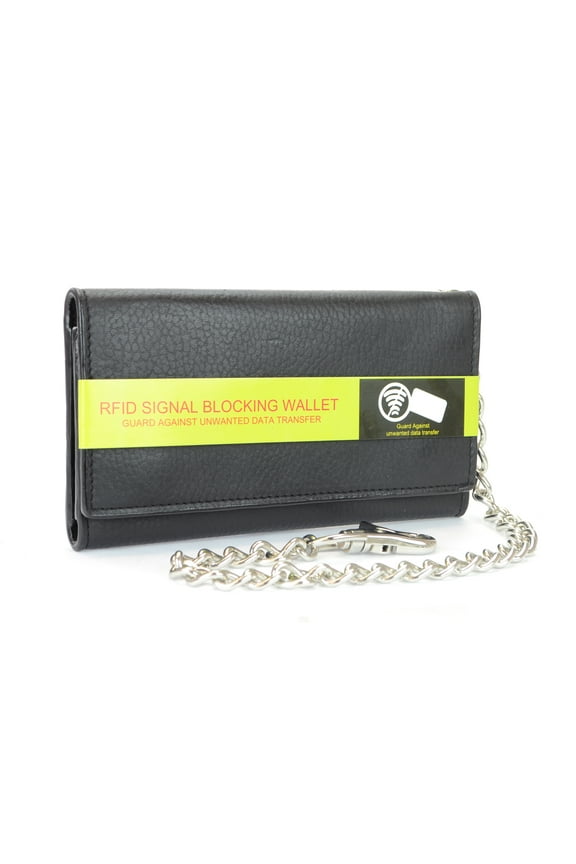 Men's RFID Signal Blocking Tri-Fold Trucker's Wallet in Genuine Black Leather with Heavy Duty Chain