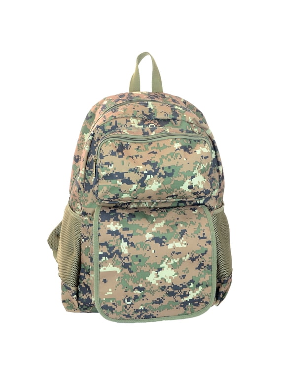 Military Camouflage Woodland Print Water Resistant Backpack with 1Front Zipper Pocket and 1 Velcro Flap Zipper Pocket