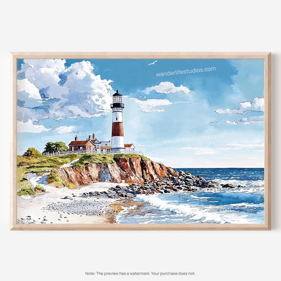 Montauk Point Lighthouse Coastal Watercolor Wall Art Print For Beach Decor