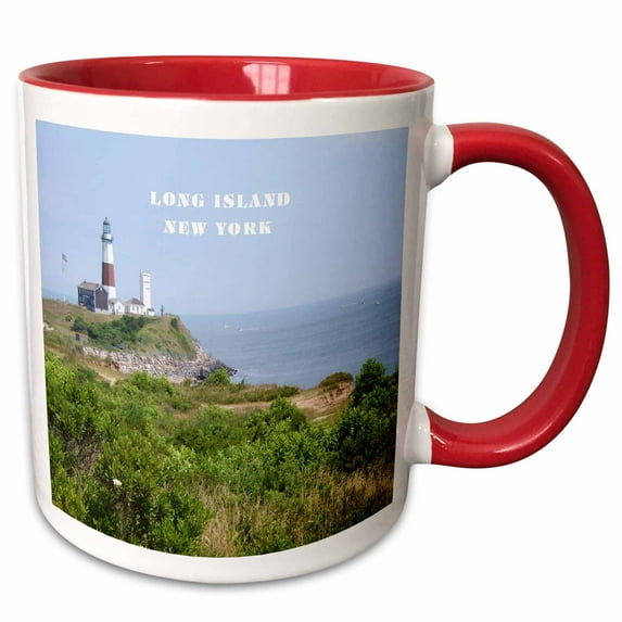3drose, Montauk Point Lighthouse on Long Island New York, 11oz Two-tone Red Mug