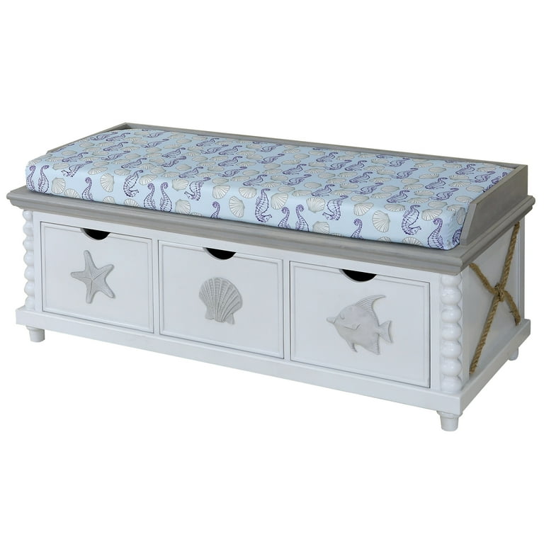 Montauk Three Drawer Storage Bench Miff and Wood Solids Blue