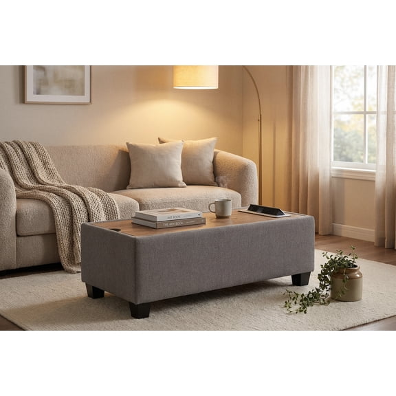 Montclair Light Gray Upholstered Storage Ottoman Console Table with USB Ports