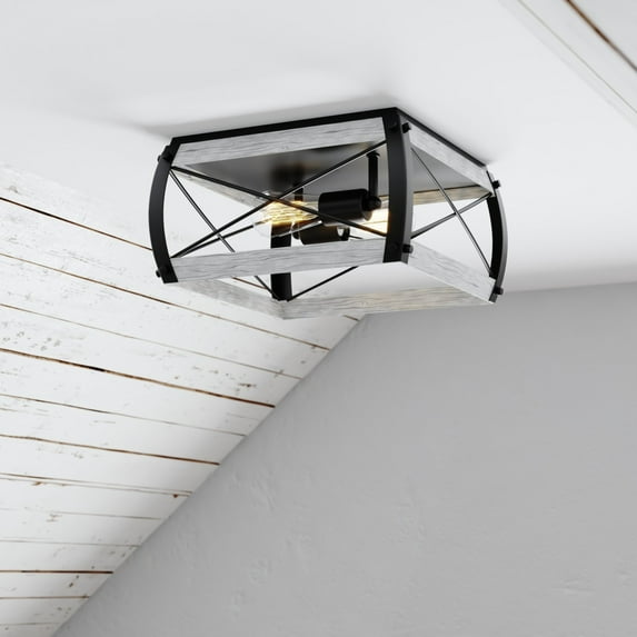 Montclare Black and White Ash Wood Finish Farmhouse Cage Flush Mount Ceiling Light Fixture