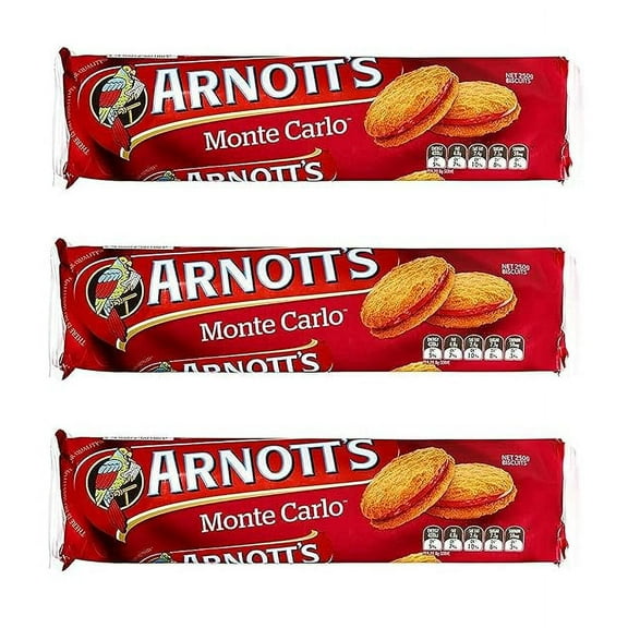 Monte Carlo Jam & Cream Biscuits (3 Pack x 250g) Experience the delicious and rich pleasure of Arnotts most iconic cream biscuit.