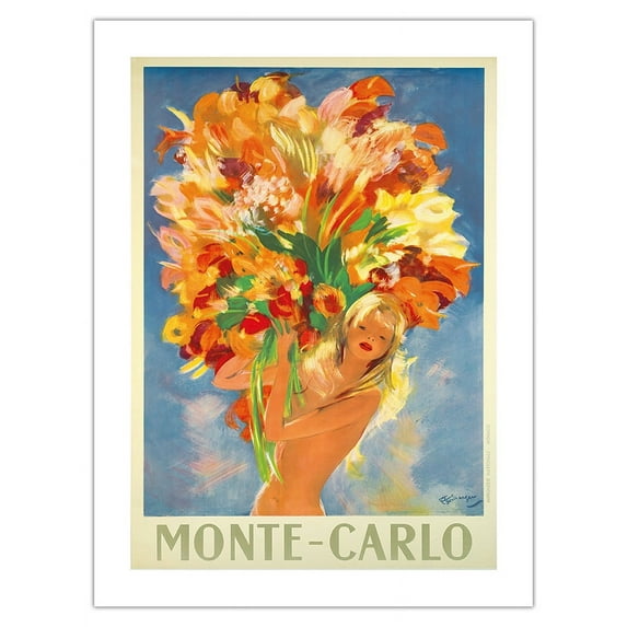 Monte-Carlo Monaco - French Riviera - Flower Girl - Vintage Travel Poster by Jean-Gabriel Domergue c.1940s - Bamboo Fine Art 290gsm Paper Print (Unframed) 18x24in