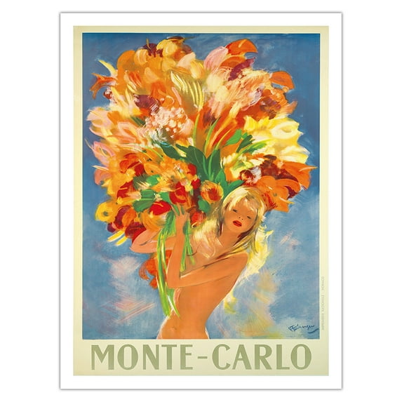 Monte-Carlo Monaco - French Riviera - Flower Girl - Vintage Travel Poster by Jean-Gabriel Domergue c.1940s - Bamboo Fine Art 290gsm Paper Print (Unframed) 24x32in