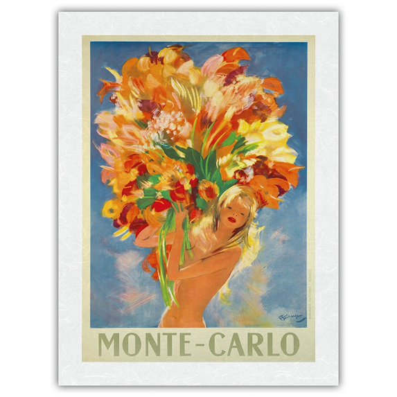 Monte-Carlo Monaco - French Riviera - Flower Girl - Vintage Travel Poster by Jean-Gabriel Domergue c.1940s - Japanese Unryu Rice Paper Art Print (Unframed) 18 x 24 in
