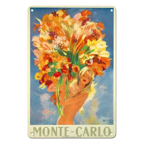 Monte-Carlo Monaco - French Riviera - Flower Girl - Vintage Travel Poster by Jean-Gabriel Domergue c.1940s - 8 x 12 inch Vintage Metal Tin Sign